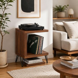 Mid Century Record Player Stand, Vinyl Storage Cabinet, Turntable Stand with Album Shelf, Walnut Record Console Table, Modern Media Storage