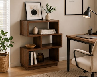 Estantería moderna en zigzag, estante de exhibición de madera de mediados de siglo, organizador de almacenamiento de librería abierta para sala de estar, oficina y dormitorio.