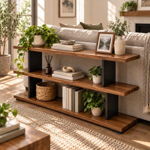 Smalle houten consoletafel met 3 niveaus en zwarte metalen poten, slanke halplank, bijzettafel, moderne industriële meubelen