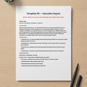 Peut inclure: Un document blanc intitulé Template #3 - Executive Impact avec des sections pour le profil exécutif, les réalisations clés et l'expérience de leadership. Le texte contient des espaces réservés pour les détails professionnels.