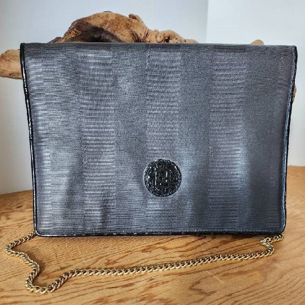 Fabulous Mid Century FENDI Black  Pequin Stripe Designer Clutch-Shoulder Bag Made In Italy