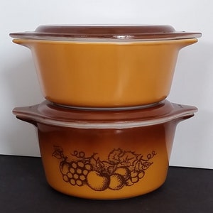 Vintage Pyrex Old Orchard Pattern 473 472 Casserole Set With Brown Opalware Matching Lids, Circa 1974 To 1978 FREE SHIPPING In US