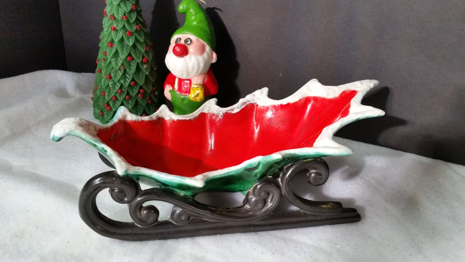 Vintage Mid Century Holly Leaf Christmas Sleigh Candy Dish Etsy