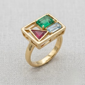 Geometric Multi Stone Ring, Emerald Cut Ring, Art Deco Statement Ring, Gold Rectangle Ring, Modern Gemstone Ring for Her