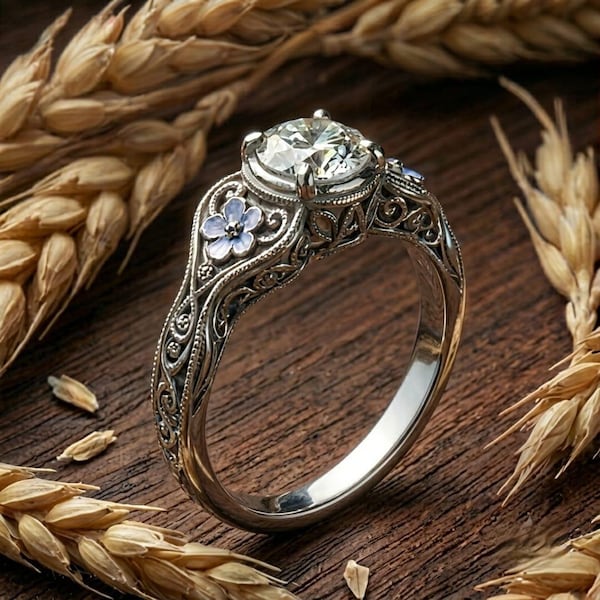 Vintage Floral Engagement Ring, Round Cut Solitaire Ring, Art Nouveau Wedding Ring, Nature Inspired Promise Ring