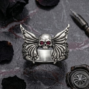 Gothic Skull Butterfly Ring, Vampire Gothic Statement Ring, Ruby Eye Skull Ring, Dark Fantasy Jewelry Gift for Her