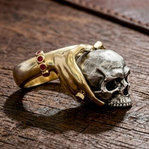 Skull Hand Statement Ring, Gothic Skull Ring, Ruby Accent Skeleton Hand Ring, Dark Fantasy Jewelry Gift for Her