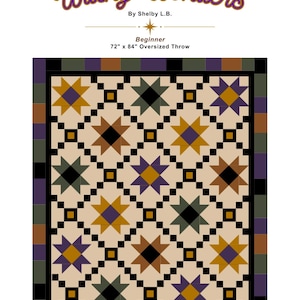May include: A 72 inch by 84 inch oversized throw quilt titled Witchy Wonders by Shelby L.B. The quilt features a repeating star pattern in purple, gold, brown, and dark green on a cream background, framed by a black and multicolored border.