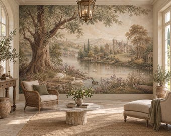 Vintage Lake Castle Peel and Stick, Non Woven Landscape Wallpaper, Swan Painting Mural