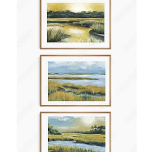 Lote de 3 pinturas al óleo costeras originales, arte de ostras y marismas de tierras bajas, decoración de pared para galería costera
