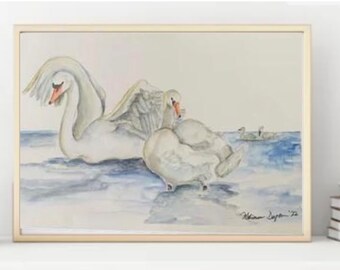 Swan Watercolor Painting | Original Coastal Marsh Art (11x7)
