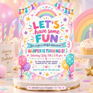 May include: A rectangular birthday invitation template featuring a rainbow, colorful balloons, and bunting. The text reads: LET'S have some FUN, Join us for a colorful celebration! HARPER IS TURNING 8! Saturday | July 12th | 2:30 pm, 87 WILLOW BEND COURT CHARLOTTE, NC 28207, RSVP TO MOM AT 704.555.0186. Editable Canva Template 5 x 7 in.