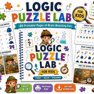 May include: A spiral-bound Logic Puzzle Lab book for kids featuring 40 printable pages. The cover shows a detective character with a magnifying glass, a compass, and colorful text. Includes activity sheets like Detective Clue Match and Crack the Code.