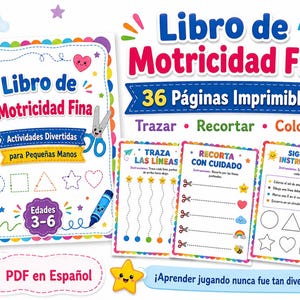 May include: A digital activity book titled Libro de Motricidad Fina featuring 36 printable pages for ages 3-6. The cover and sample pages display colorful illustrations of a pencil, scissors, and crayons with tracing, cutting, and coloring tasks.