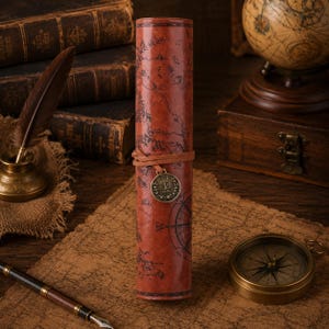 May include: A cylindrical scroll case made of reddish-brown material with a printed map design. It is secured with a thin leather cord featuring a round metal charm embossed with the text "1950 FRANCS" and a laurel wreath pattern.