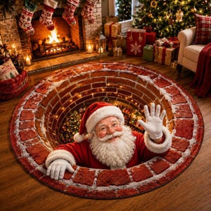 May include: A round area rug featuring a 3D optical illusion of a brick chimney opening. Santa Claus is depicted emerging from the center, wearing a red suit with white fur trim and white gloves, waving with one hand while resting on the brick edge.