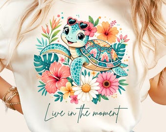 Live In Moment PNG, Sea Turtle Hibiscus Flower Sublimation, Retro Teal Turtle Design, Tropical Celestial Ocean Art, Summer design png