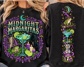 Midnight Margaritas Halloween PNG, projekt inspirowany filmem retro, koszulka z tequilą Girls Night, nadruk z przodu i z tyłu na upiorny sezon (do pobrania)