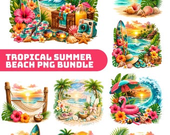 24 Tropical Hibiscus PNG Bundle, Beach Sunset Clipart, Summer Flowers, Sublimation Designs, Digital Download