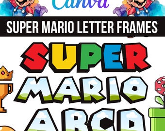 Op de afbeelding: Een digitale afbeelding met de tekst SUPER MARIO LETTER FRAMES en de woorden SUPER MARIO ABCD eronder. De letters zijn gevuld met een patroon van een lucht en graslandschap. Mario-figuren, een kroon, een paddenstoel en een pijp zijn inbegrepen.