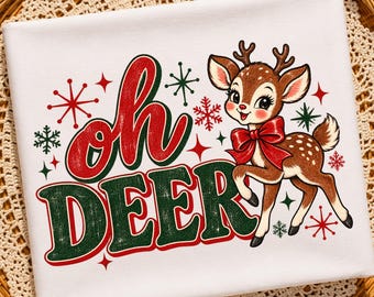 Oh Deer Vintage Christmas PNG | Sublimacja, projekt DTG (pobieranie cyfrowe) Koszulka z napisem Wesołych Świąt, prezent artystyczny na Boże Narodzenie