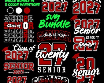 Op de afbeelding: Een digitaal grafisch ontwerppakket met diverse typografische lay-outs voor de eindexamenklas van 2027. De ontwerpen bevatten de tekst "Class of 2027", "Senior" en "twenty" in rood, wit en zwart, inclusief iconen van afstudeerhoeden.