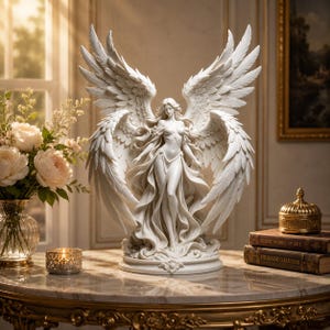 Può includere: Una scultura bianca di una figura alata con lunghi capelli fluenti e tessuto drappeggiato. La figura si erge con grandi e dettagliate ali piumate spiegate dietro di sé. La statua è montata su una base circolare con dettagli intagliati.
