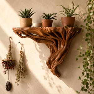 May include: A wall-mounted shelf crafted from natural brown wood with a gnarled, root-like support structure. Three potted plants sit on the flat top surface, while two bundles of dried herbs hang from hooks on the wall to the left of the shelf.