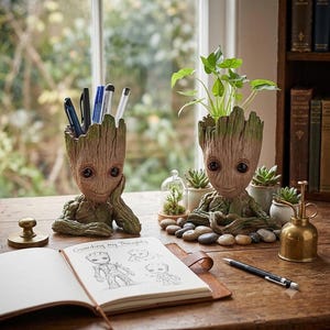 Mini Baby Groot Planter Pot, Cute Tree Man Flowerpot Figurine, Desktop Pen Holder Statue, Small Succulent Pot & Office Desk Ornament Gift