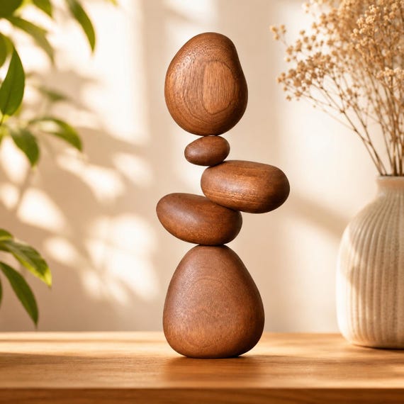 Hand-turned walnut stones with hidden magnets that make stacking feel like actual magic — kinetic desk art that doubles as a mindfulness fidget.