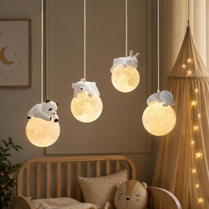 Lampa wisząca do pokoju dziecięcego, urocza lampa księżycowa ze śpiącym zwierzątkiem, lampa sufitowa do pokoju dziecięcego, pływająca lampa mobilna z misiem pandą, prezent na baby shower