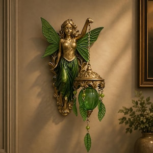 Peut inclure: Une sculpture murale représentant une fée dorée avec des ailes et une jupe vertes. La figurine tient une chaîne métallique retenant une lanterne décorative dorée avec un globe en verre vert et des ornements suspendus en forme de feuilles.