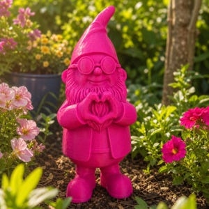 Peut inclure: Une figurine de nain de jardin rose vif avec un chapeau pointu, des lunettes rondes et une longue barbe. Le nain est debout, les deux mains positionnées devant sa poitrine pour former un cœur, présentant une finition mate uniforme.