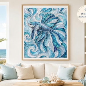 Betta Fish Wandbild im Buntglas-Stil | Ozean Mosaik Kunstdruck Digitaler Download