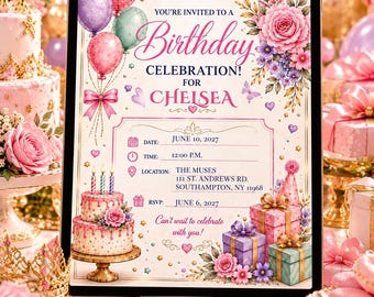 Invitación de cumpleaños editable para niñas / Fiesta floral rosa y morada / Descarga digital
