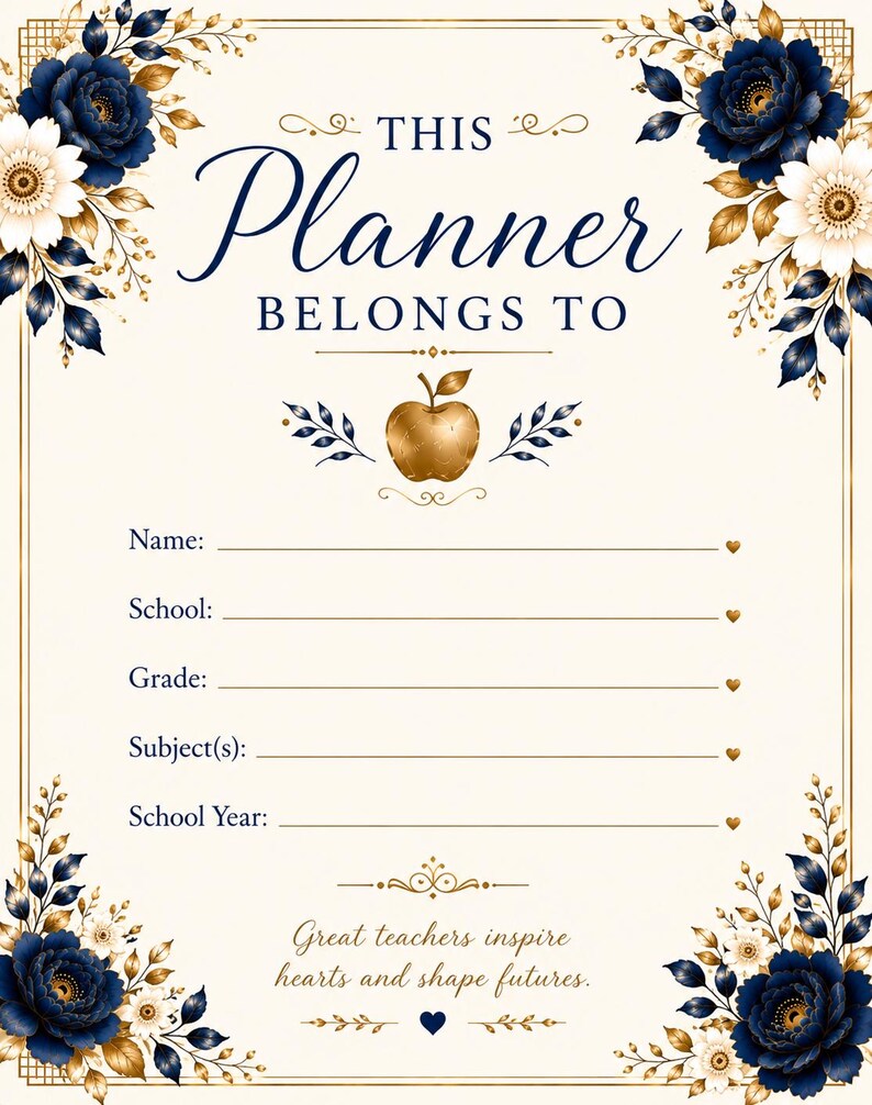May include: A planner title page featuring a cream background with navy blue and gold floral corners. The text reads THIS Planner BELONGS TO, with fields for Name, School, Grade, Subject(s), and School Year. A gold apple icon and the quote Great teachers inspire hearts and shape futures are centered.