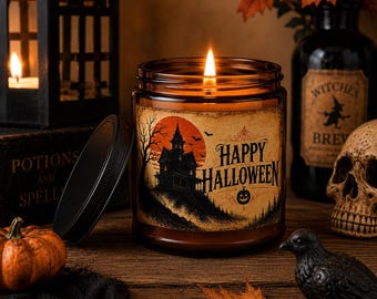 Vela aromática de casa encantada vintage / Decoración gótica de Halloween / Cera de soja de 255 g