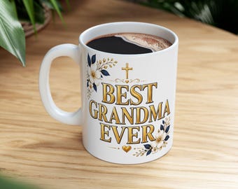Taza floral "Grandma Ever" / Elegante taza de café azul marino y dorada
