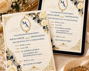 Invitación de boda / Invitación de lujo azul marino con detalles florales dorados / Plantilla editable de Canva / Descarga instantánea