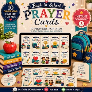 May include: A set of 10 printable prayer cards for kids featuring colorful illustrations and text including My School Day, Safety, Courage, Confidence, Learning, a Test, Kindness, Friendship, My Teacher, and a Good Day, displayed with a stack of books.
