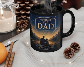 Taza "El papá número uno" / Negra, 325 ml, diseño "Padre e hijo junto al lago"