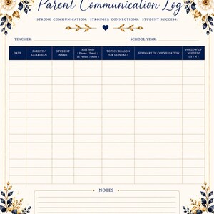 May include: A Parent Communication Log sheet featuring a cream background with navy blue and gold floral corners. The header reads Parent Communication Log, Strong Communication. Stronger Connections. Student Success. It includes a table for tracking.