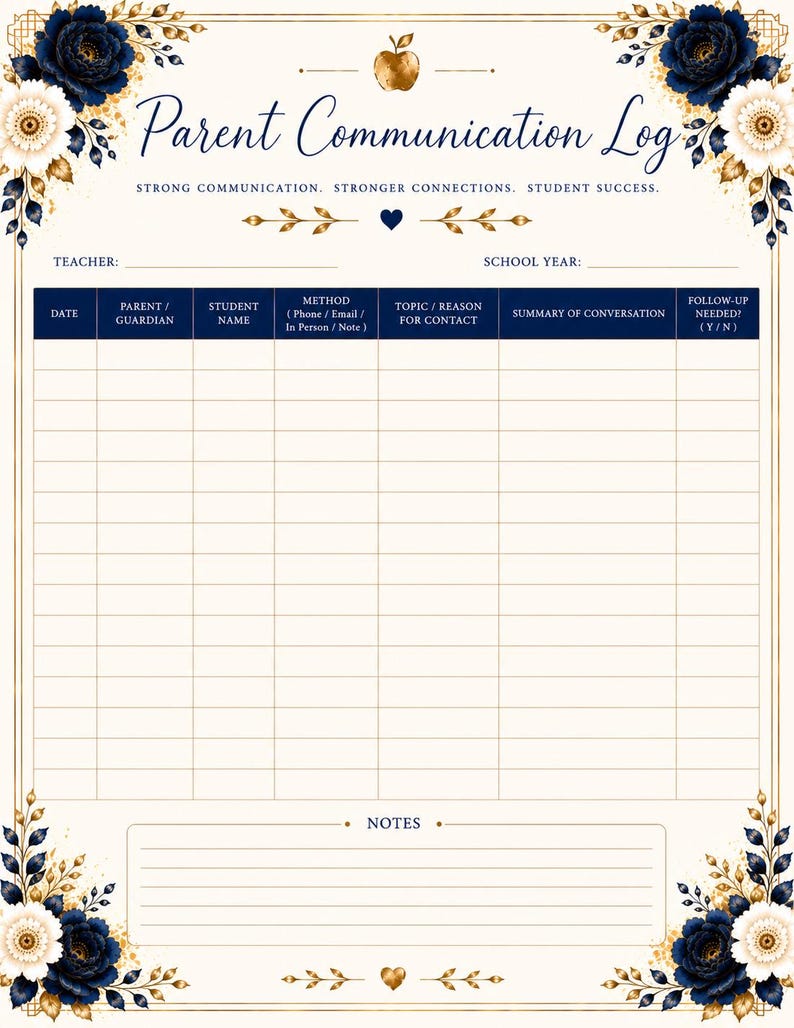 May include: A Parent Communication Log sheet featuring a cream background with navy blue and gold floral corners. The header reads Parent Communication Log, Strong Communication. Stronger Connections. Student Success. It includes a table for tracking.