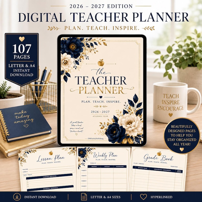 May include: A 2026-2027 digital teacher planner featuring a cream cover with navy blue and gold floral accents, an apple icon, and the text "The Teacher Planner, Plan. Teach. Inspire." Includes lesson plan, weekly plan, and grade book page templates.