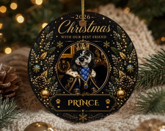 Adorno navideño personalizado con foto de mascota / Nombre personalizado / Diseño azul marino y dorado / Regalo de recuerdo