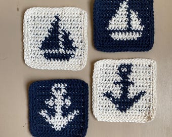 Nautical Crochet Coasters Set of 2 or 4, Navy Blue & Cream, Sailboat Coasters, Anchor Coasters, Home Décor, Beach Coasters, Coastal Décor