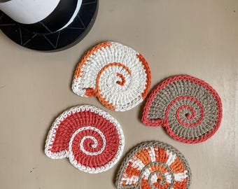 Seashell Crochet Coasters Set of 2 or 4, Ammonia Shell, Home Décor, Beach-themed Coasters, Coastal Decor