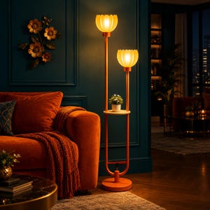 May include: A tall orange floor lamp featuring two flower-shaped glass shades that emit a warm glow. The lamp includes a circular wooden shelf positioned between the two lights, currently holding a small potted plant with green leaves.