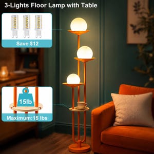 May include: A floor lamp with three spherical white glass shades on orange metal stems and a circular wooden table shelf. The lamp includes three light bulbs and supports a maximum weight of 15 lbs on the integrated table surface.