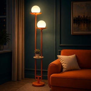 May include: A tall orange floor lamp featuring two vertical poles of different heights, each topped with a circular tray holding a glowing white spherical glass shade. A small circular shelf is positioned between the poles, holding a potted green plant.